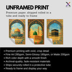 Set of 3 framed canvas triptych depicting Al-Masjid An-Nabawi, the Kaaba and the Dome of the Rock in warm golden mosaic style with vibrant floral arch borders, displayed above a neutral sofa.