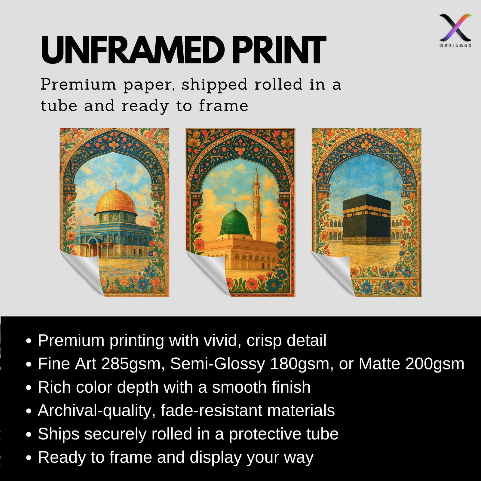 Set of 3 framed canvas triptych depicting Al-Masjid An-Nabawi, the Kaaba and the Dome of the Rock in warm golden mosaic style with vibrant floral arch borders, displayed above a neutral sofa.