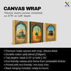 Set of 3 framed canvas triptych depicting Al-Masjid An-Nabawi, the Kaaba and the Dome of the Rock in warm golden mosaic style with vibrant floral arch borders, displayed above a neutral sofa.
