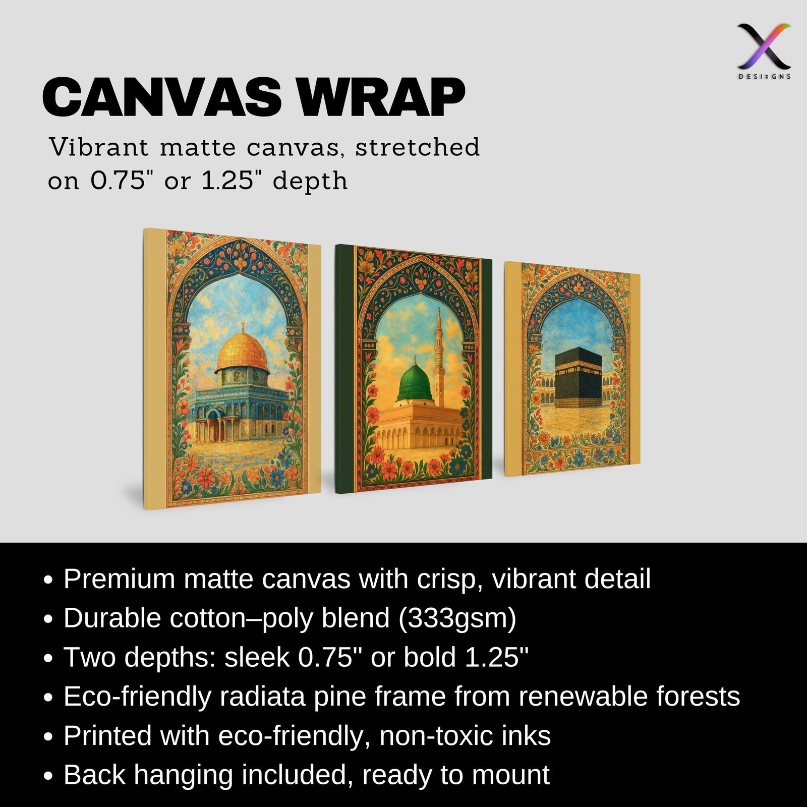 Set of 3 framed canvas triptych depicting Al-Masjid An-Nabawi, the Kaaba and the Dome of the Rock in warm golden mosaic style with vibrant floral arch borders, displayed above a neutral sofa.