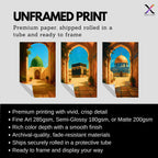 Set of 3 framed canvas triptych depicting the Dome of the Rock, the Kaaba and Al-Masjid An-Nabawi viewed through warm stone arches in a rich painterly style, displayed above a neutral sofa in a modern living room.