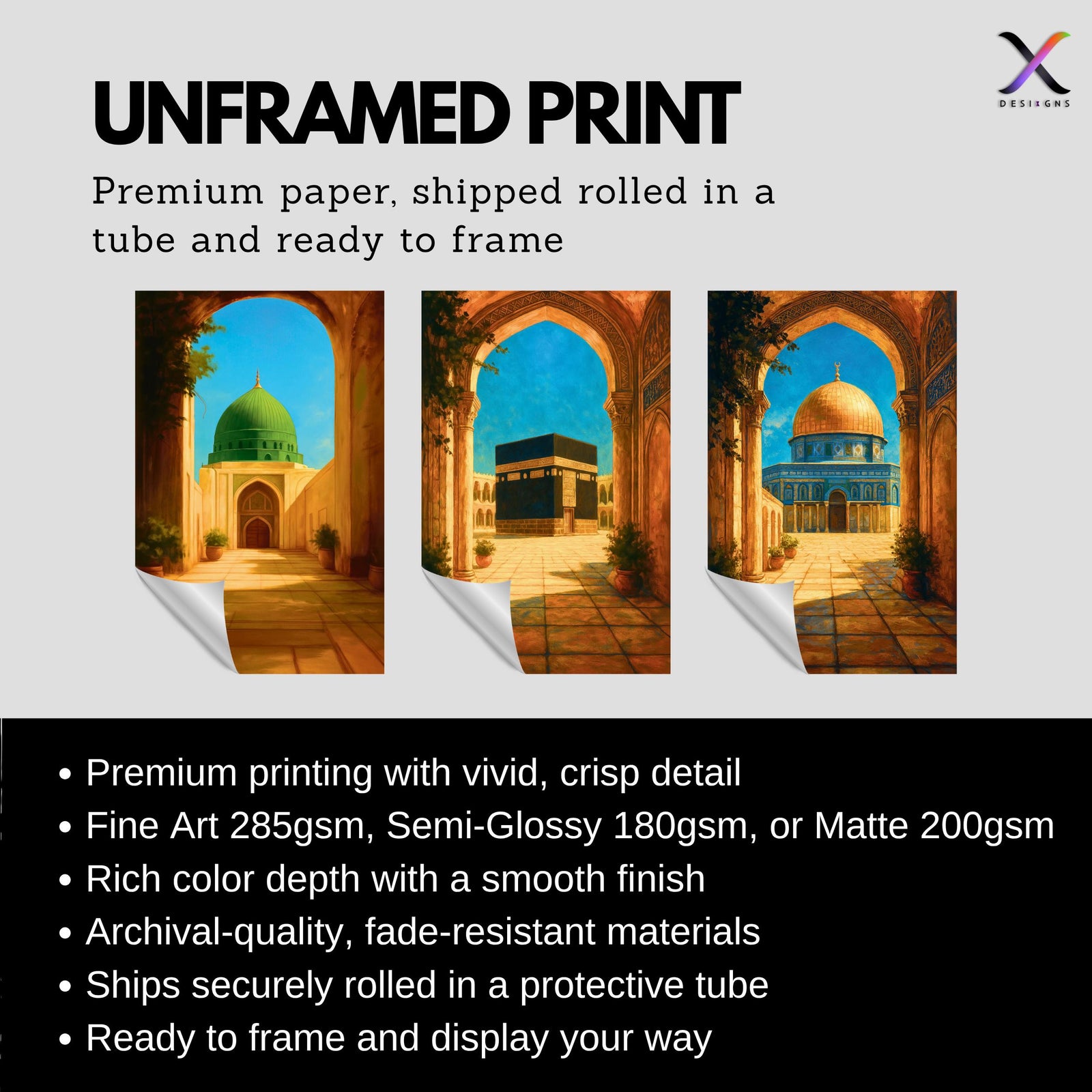Set of 3 framed canvas triptych depicting the Dome of the Rock, the Kaaba and Al-Masjid An-Nabawi viewed through warm stone arches in a rich painterly style, displayed above a neutral sofa in a modern living room.