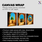 Set of 3 framed canvas triptych depicting the Dome of the Rock, the Kaaba and Al-Masjid An-Nabawi viewed through warm stone arches in a rich painterly style, displayed above a neutral sofa in a modern living room.