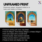 Set of 3 framed canvas triptych showing the Kaaba, Dome of the Rock and Al-Masjid An-Nabawi framed through ornate Islamic arches in rich watercolor teal, blue and gold tones, displayed above a neutral sofa.