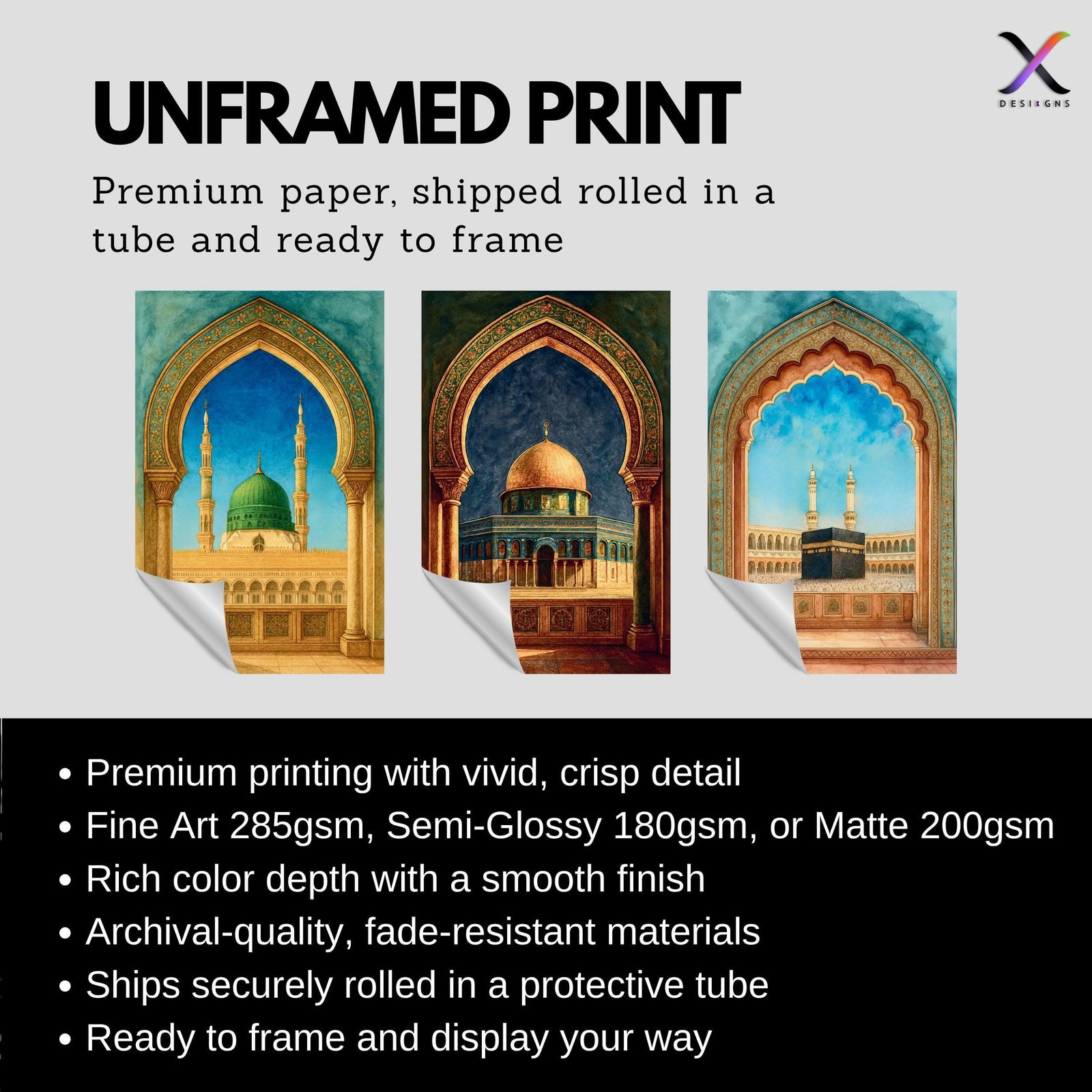 Set of 3 framed canvas triptych showing the Kaaba, Dome of the Rock and Al-Masjid An-Nabawi framed through ornate Islamic arches in rich watercolor teal, blue and gold tones, displayed above a neutral sofa.