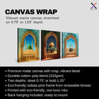 Set of 3 framed canvas triptych showing the Kaaba, Dome of the Rock and Al-Masjid An-Nabawi framed through ornate Islamic arches in rich watercolor teal, blue and gold tones, displayed above a neutral sofa.