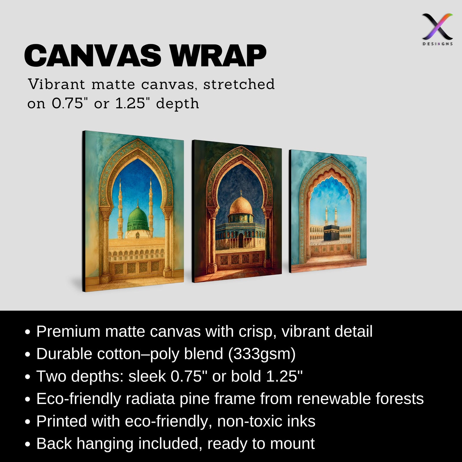 Set of 3 framed canvas triptych showing the Kaaba, Dome of the Rock and Al-Masjid An-Nabawi framed through ornate Islamic arches in rich watercolor teal, blue and gold tones, displayed above a neutral sofa.