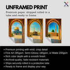 Set of 3 framed canvas triptych showing Al-Masjid An-Nabawi, the Kaaba and the Dome of the Rock viewed through realistic rustic sandstone arches with cobblestone courtyards under a bright blue sky, displayed above a neutral sofa.