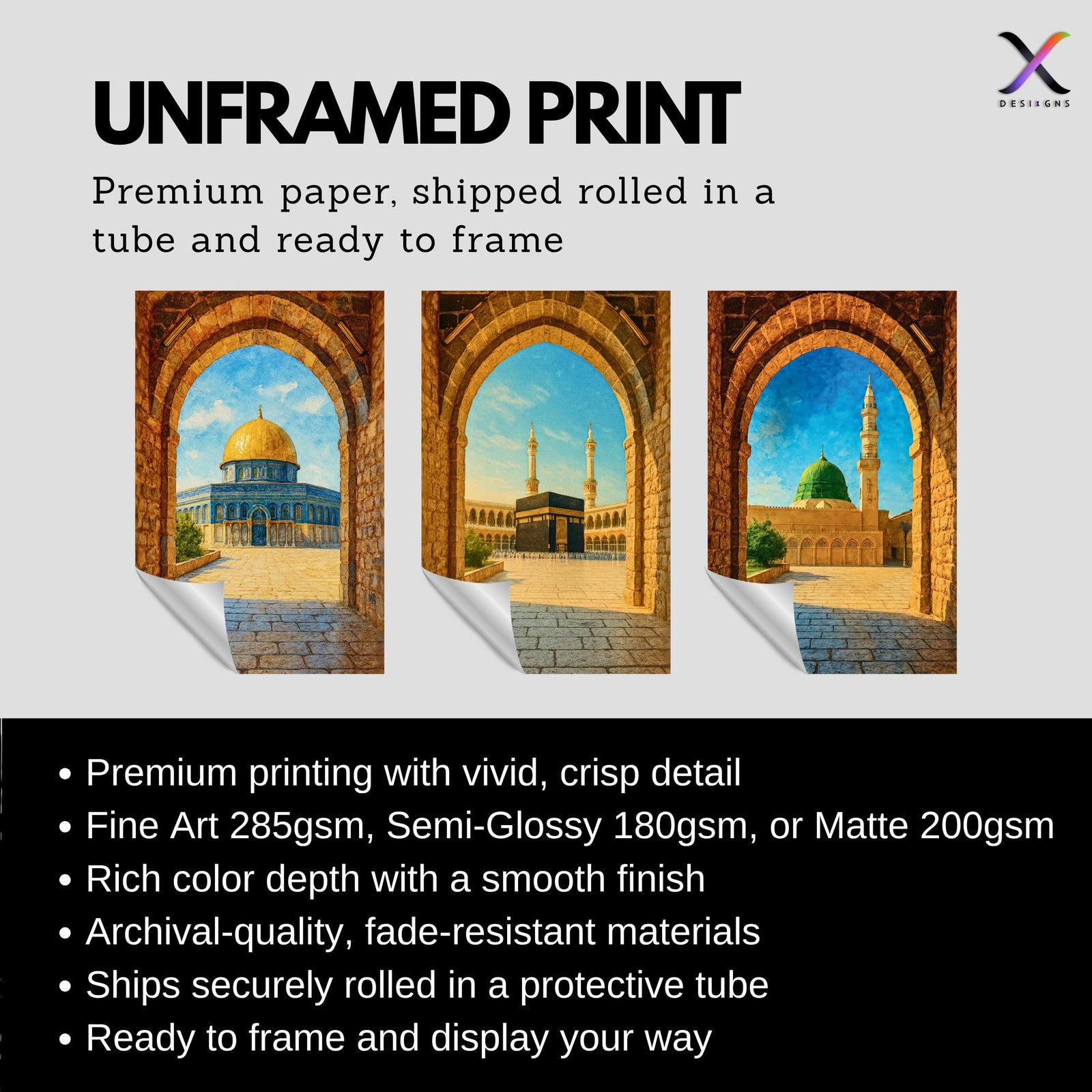 Set of 3 framed canvas triptych showing Al-Masjid An-Nabawi, the Kaaba and the Dome of the Rock viewed through realistic rustic sandstone arches with cobblestone courtyards under a bright blue sky, displayed above a neutral sofa.