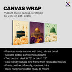 Set of 3 framed canvas triptych showing the Kaaba, Dome of the Rock and Al-Masjid An-Nabawi with oversized peony flowers and birds in flight, each panel on a distinct yellow, purple and green background.