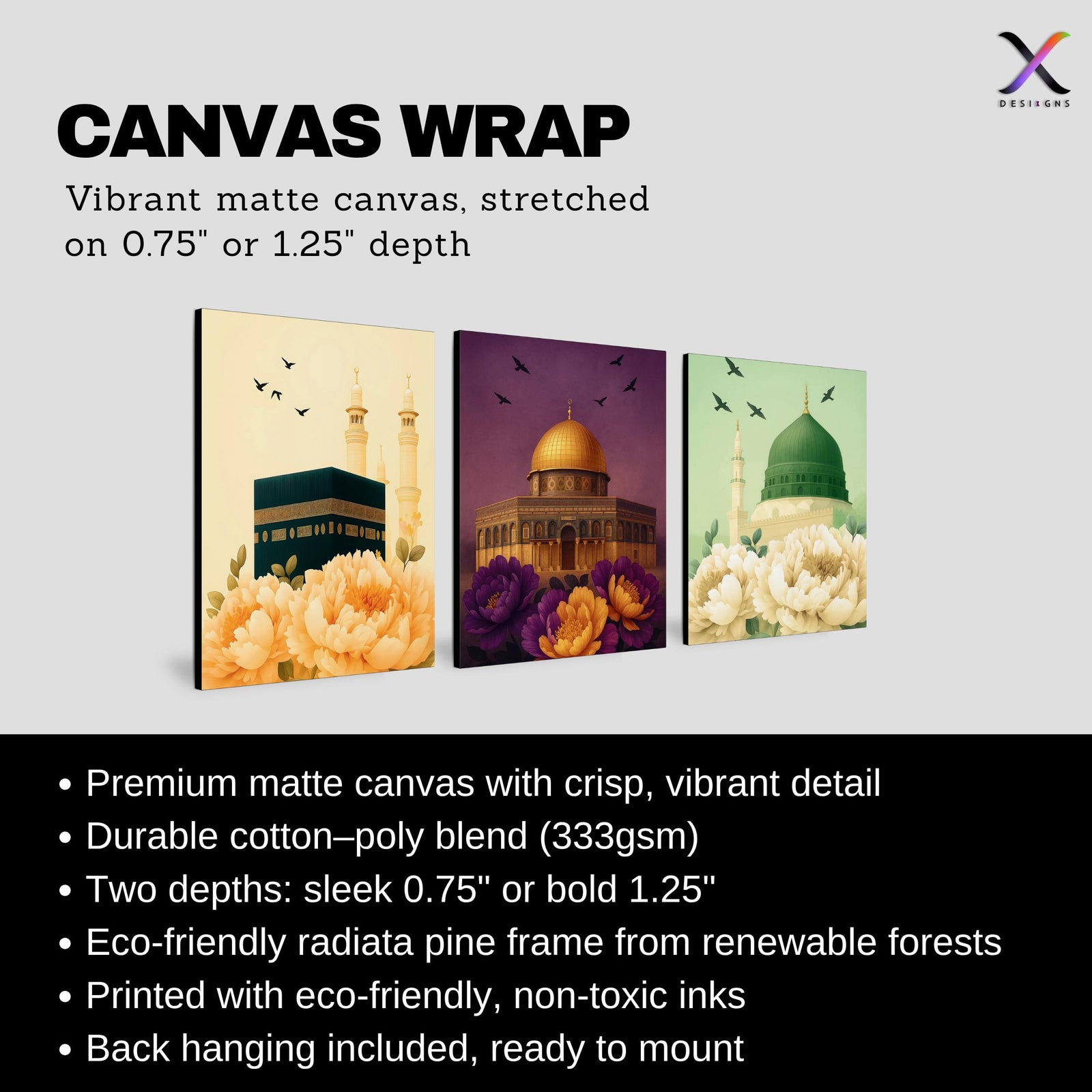 Set of 3 framed canvas triptych showing the Kaaba, Dome of the Rock and Al-Masjid An-Nabawi with oversized peony flowers and birds in flight, each panel on a distinct yellow, purple and green background.