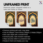 Set of 3 framed canvas triptych featuring Allah, Bismillah and Muhammad in Arabic calligraphy inside ornate gold Islamic arches on rich blue, purple and green jewel tone backgrounds, displayed above a neutral sofa.