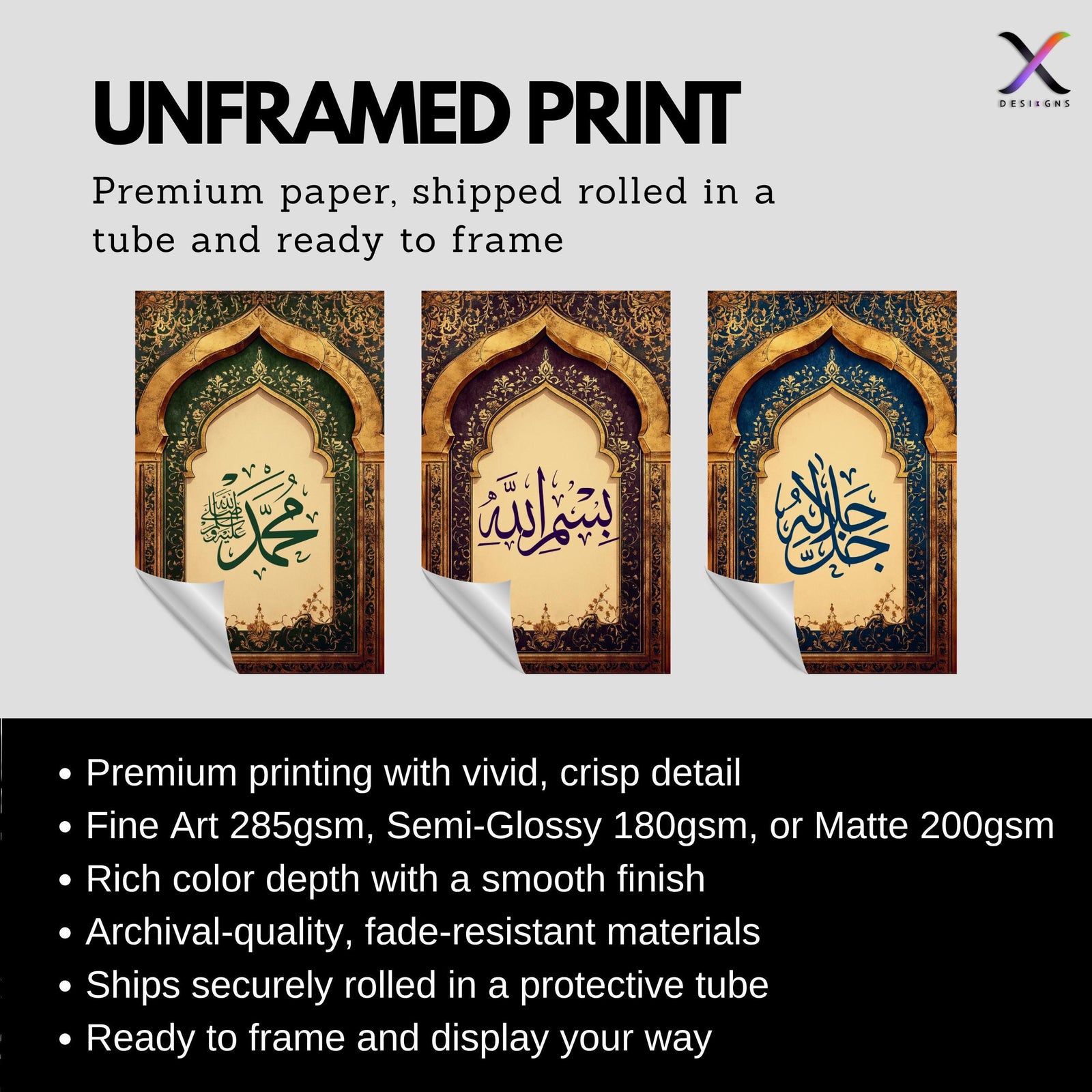 Set of 3 framed canvas triptych featuring Allah, Bismillah and Muhammad in Arabic calligraphy inside ornate gold Islamic arches on rich blue, purple and green jewel tone backgrounds, displayed above a neutral sofa.