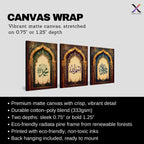 Set of 3 framed canvas triptych featuring Allah, Bismillah and Muhammad in Arabic calligraphy inside ornate gold Islamic arches on rich blue, purple and green jewel tone backgrounds, displayed above a neutral sofa.