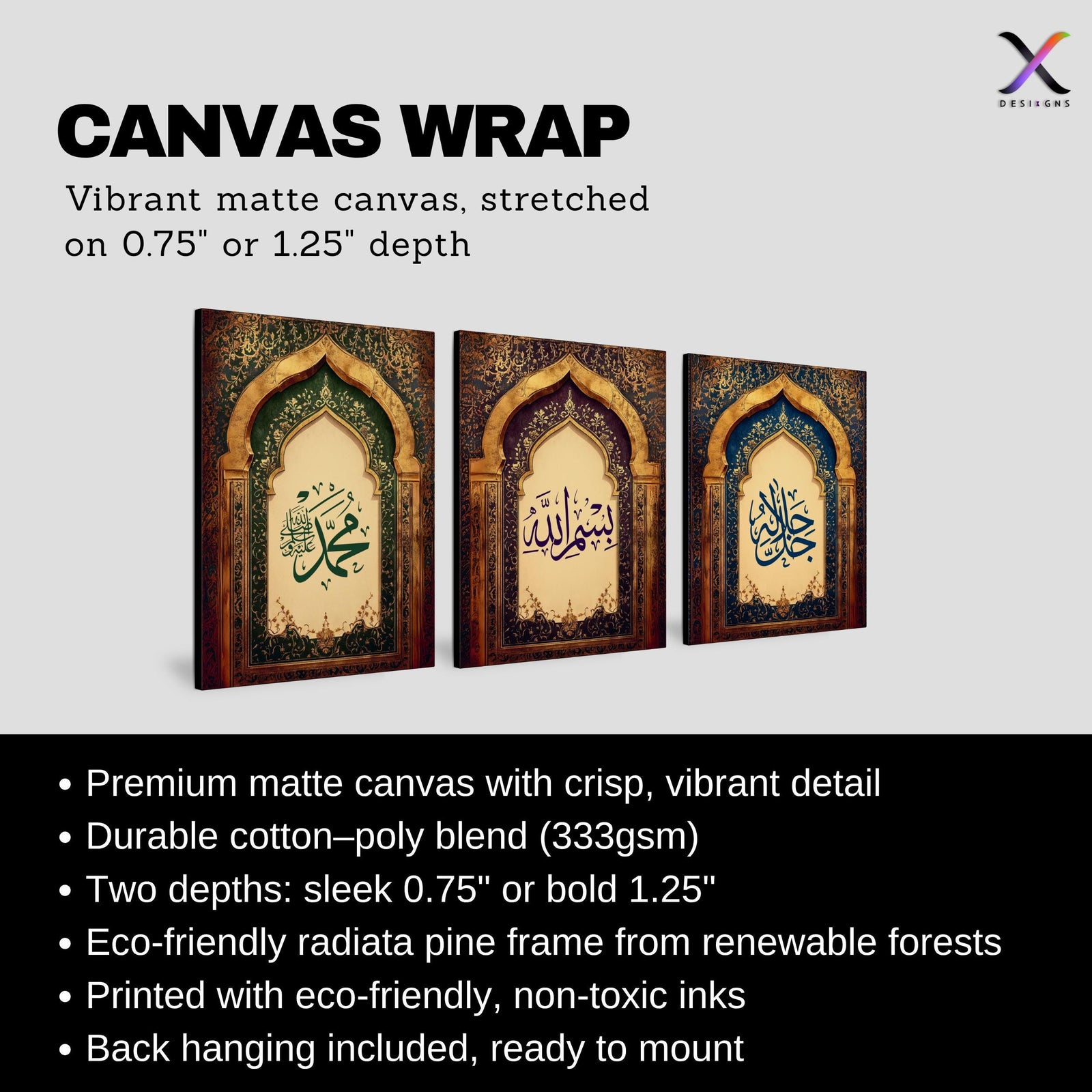 Set of 3 framed canvas triptych featuring Allah, Bismillah and Muhammad in Arabic calligraphy inside ornate gold Islamic arches on rich blue, purple and green jewel tone backgrounds, displayed above a neutral sofa.