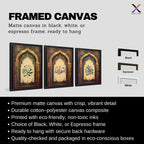 Set of 3 framed canvas triptych featuring Allah, Bismillah and Muhammad in Arabic calligraphy inside ornate gold Islamic arches on rich blue, purple and green jewel tone backgrounds, displayed above a neutral sofa.