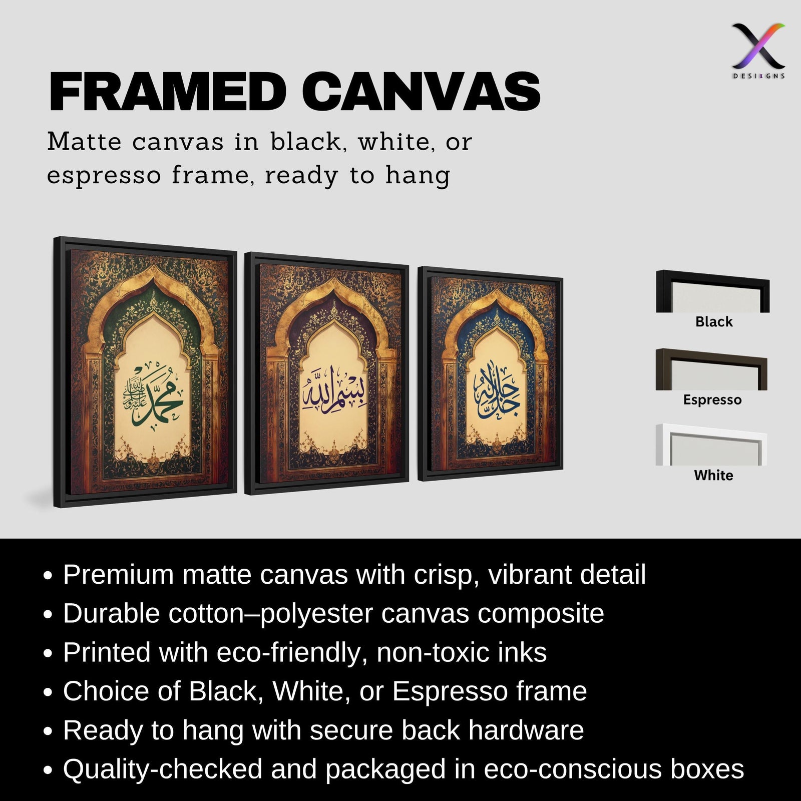 Set of 3 framed canvas triptych featuring Allah, Bismillah and Muhammad in Arabic calligraphy inside ornate gold Islamic arches on rich blue, purple and green jewel tone backgrounds, displayed above a neutral sofa.