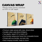 Set of 3 framed canvas triptych featuring Shukr, Tawakkul and Sabr in Arabic calligraphy above close-up domes of the Dome of the Rock, Kaaba and Al-Masjid An-Nabawi on a gold textured background.
