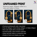 Set of 3 framed canvas triptych with Sabr, Shukr and Tawakkul in gold Arabic calligraphy inside ornate navy and gold Islamic arches surrounded by yellow and dark blue flowers, displayed above a grey sofa.