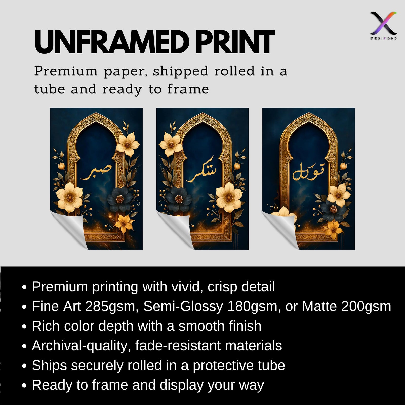 Set of 3 framed canvas triptych with Sabr, Shukr and Tawakkul in gold Arabic calligraphy inside ornate navy and gold Islamic arches surrounded by yellow and dark blue flowers, displayed above a grey sofa.