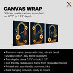 Set of 3 framed canvas triptych with Sabr, Shukr and Tawakkul in gold Arabic calligraphy inside ornate navy and gold Islamic arches surrounded by yellow and dark blue flowers, displayed above a grey sofa.
