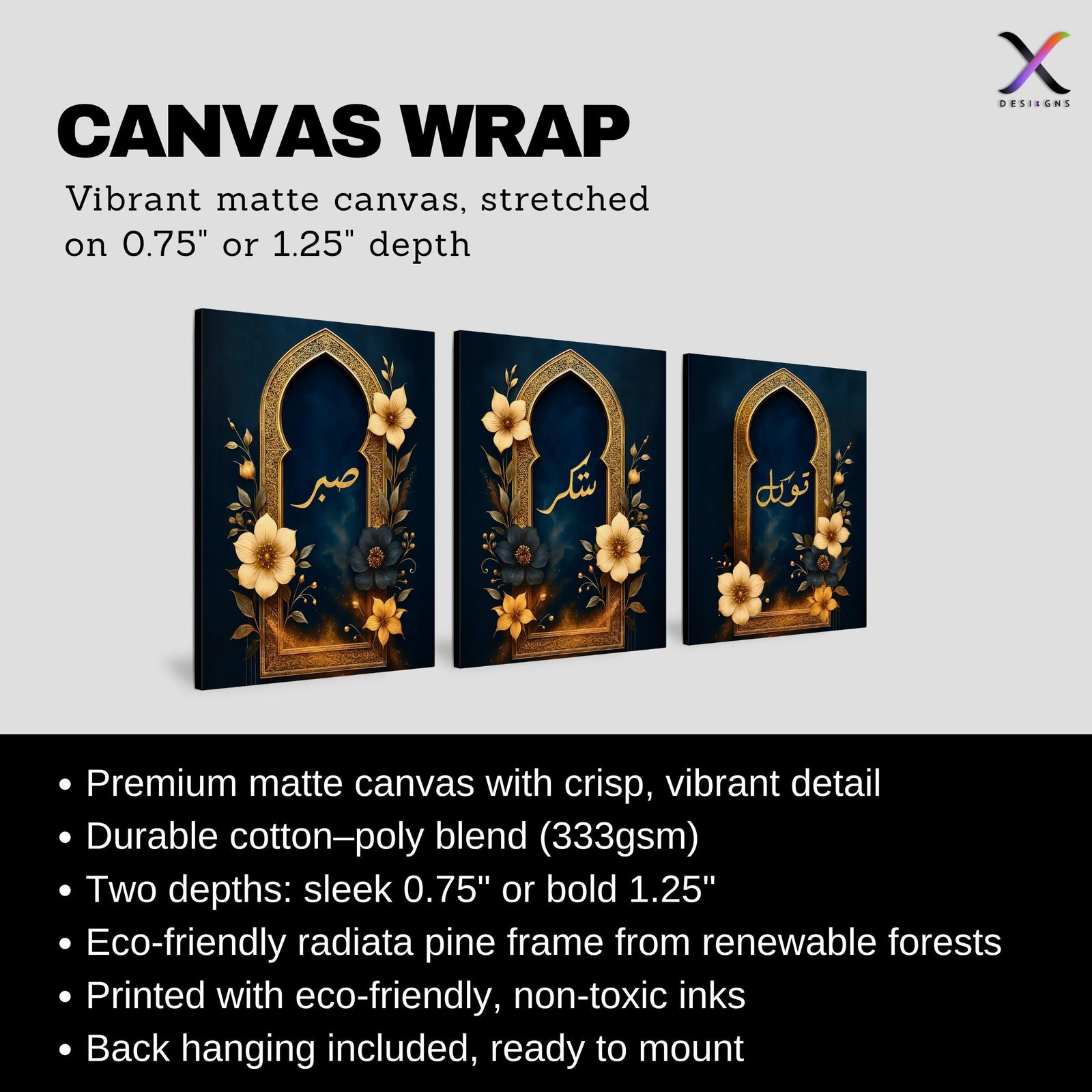 Set of 3 framed canvas triptych with Sabr, Shukr and Tawakkul in gold Arabic calligraphy inside ornate navy and gold Islamic arches surrounded by yellow and dark blue flowers, displayed above a grey sofa.