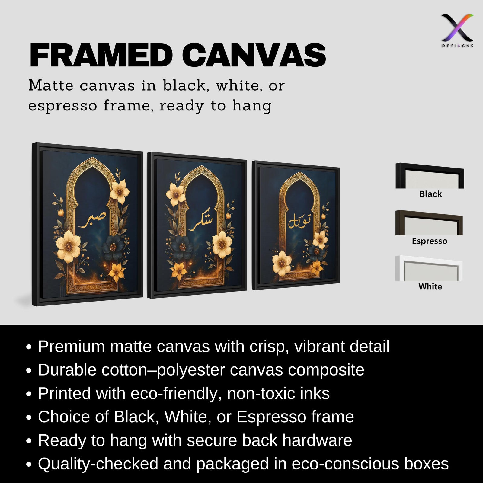 Set of 3 framed canvas triptych with Sabr, Shukr and Tawakkul in gold Arabic calligraphy inside ornate navy and gold Islamic arches surrounded by yellow and dark blue flowers, displayed above a grey sofa.
