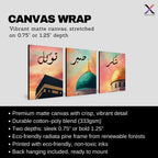 Set of 3 framed canvas triptych with Shukr, Tawakkul and Sabr in Arabic calligraphy above close-up mosque domes against a dreamy coral and teal sunset sky, displayed above a neutral sofa in a modern living room.