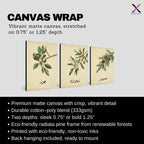 Set of 3 framed canvas triptych featuring botanical illustrations of olive, pine and walnut branches with Arabic calligraphy labels on a warm cream background, displayed above a neutral sofa in a modern living room.