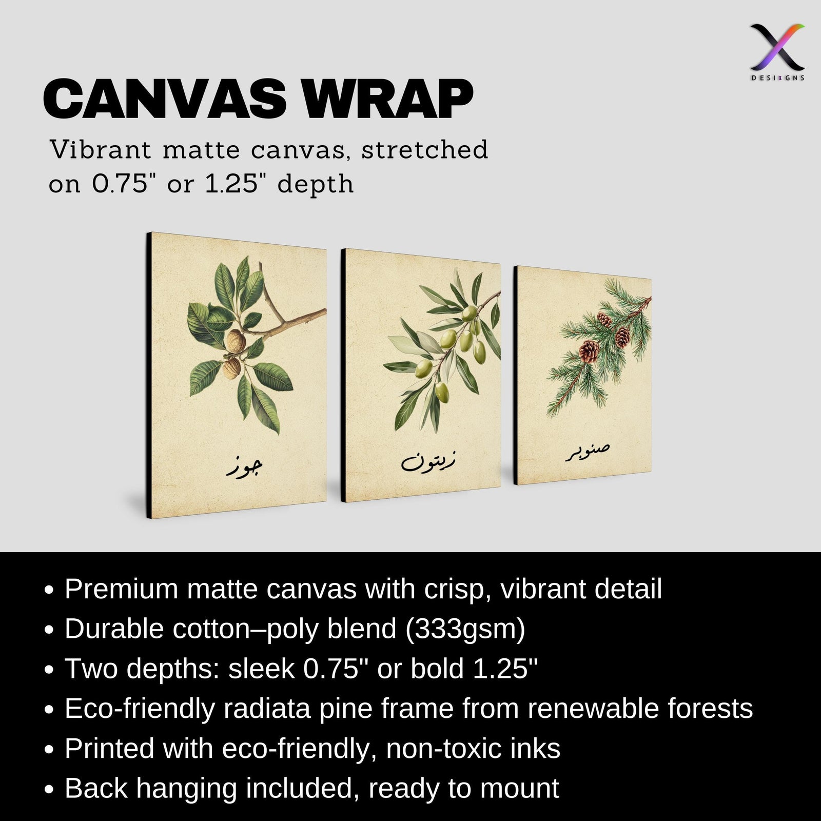 Set of 3 framed canvas triptych featuring botanical illustrations of olive, pine and walnut branches with Arabic calligraphy labels on a warm cream background, displayed above a neutral sofa in a modern living room.