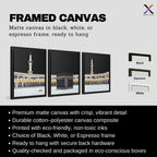 Set of 3 framed canvas triptych showing dramatic night views of Masjid Al-Haram with the Kaaba centered, glowing gold minarets and white marble courtyard against a deep black sky, displayed above a neutral sofa.