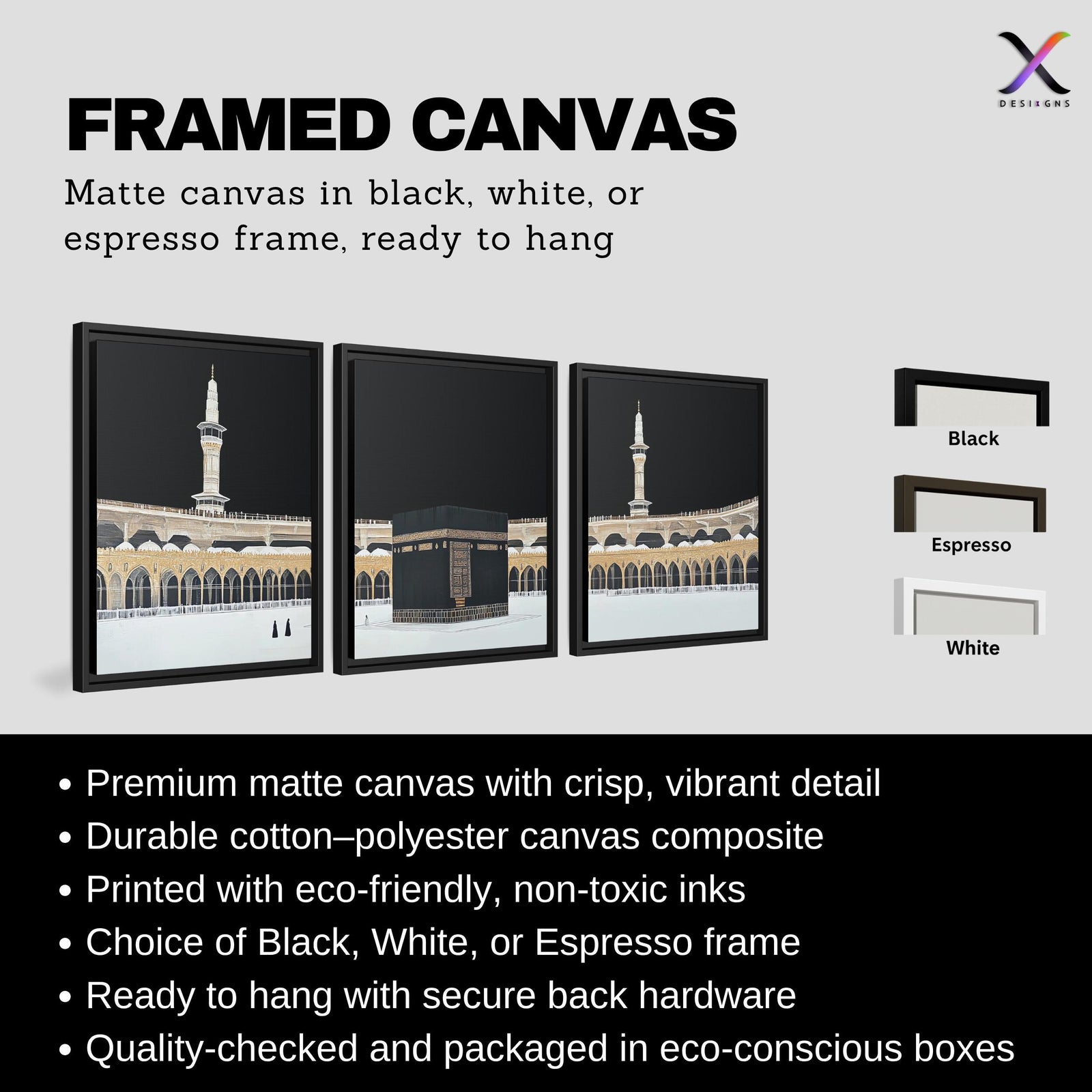 Set of 3 framed canvas triptych showing dramatic night views of Masjid Al-Haram with the Kaaba centered, glowing gold minarets and white marble courtyard against a deep black sky, displayed above a neutral sofa.