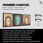 Set of 3 framed canvas triptych with Shukr, Sabr and Tawakkul in Arabic calligraphy inside gold, teal and vintage arches surrounded by lush red and orange Persian garden floral blooms, displayed above a neutral sofa.