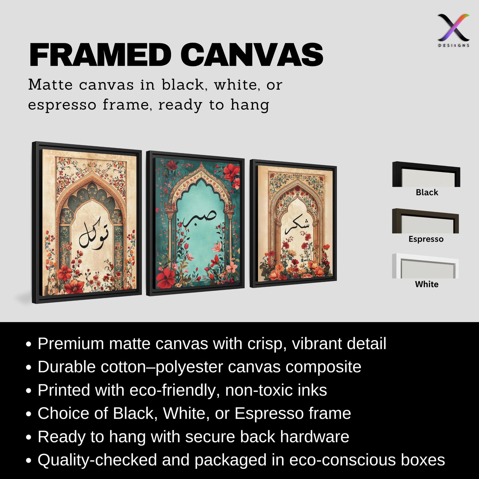 Set of 3 framed canvas triptych with Shukr, Sabr and Tawakkul in Arabic calligraphy inside gold, teal and vintage arches surrounded by lush red and orange Persian garden floral blooms, displayed above a neutral sofa.