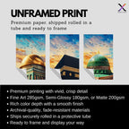 Set of 3 framed canvas triptych showing close-up domes of the Dome of the Rock, Kaaba and Al-Masjid An-Nabawi in bold impressionist brushstrokes with vibrant blue and golden skies and birds in flight.