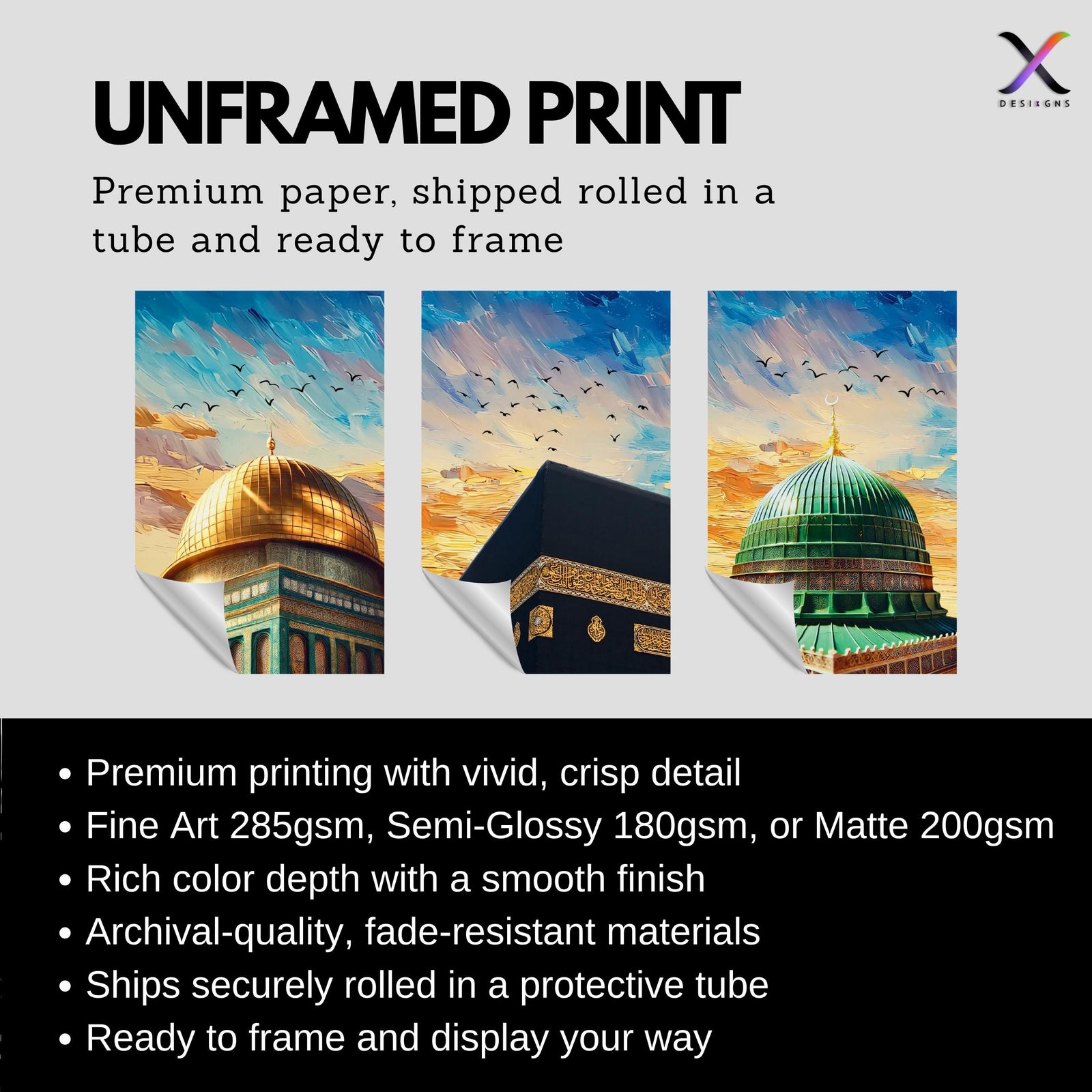 Set of 3 framed canvas triptych showing close-up domes of the Dome of the Rock, Kaaba and Al-Masjid An-Nabawi in bold impressionist brushstrokes with vibrant blue and golden skies and birds in flight.