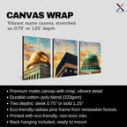 Set of 3 framed canvas triptych showing close-up domes of the Dome of the Rock, Kaaba and Al-Masjid An-Nabawi in bold impressionist brushstrokes with vibrant blue and golden skies and birds in flight.