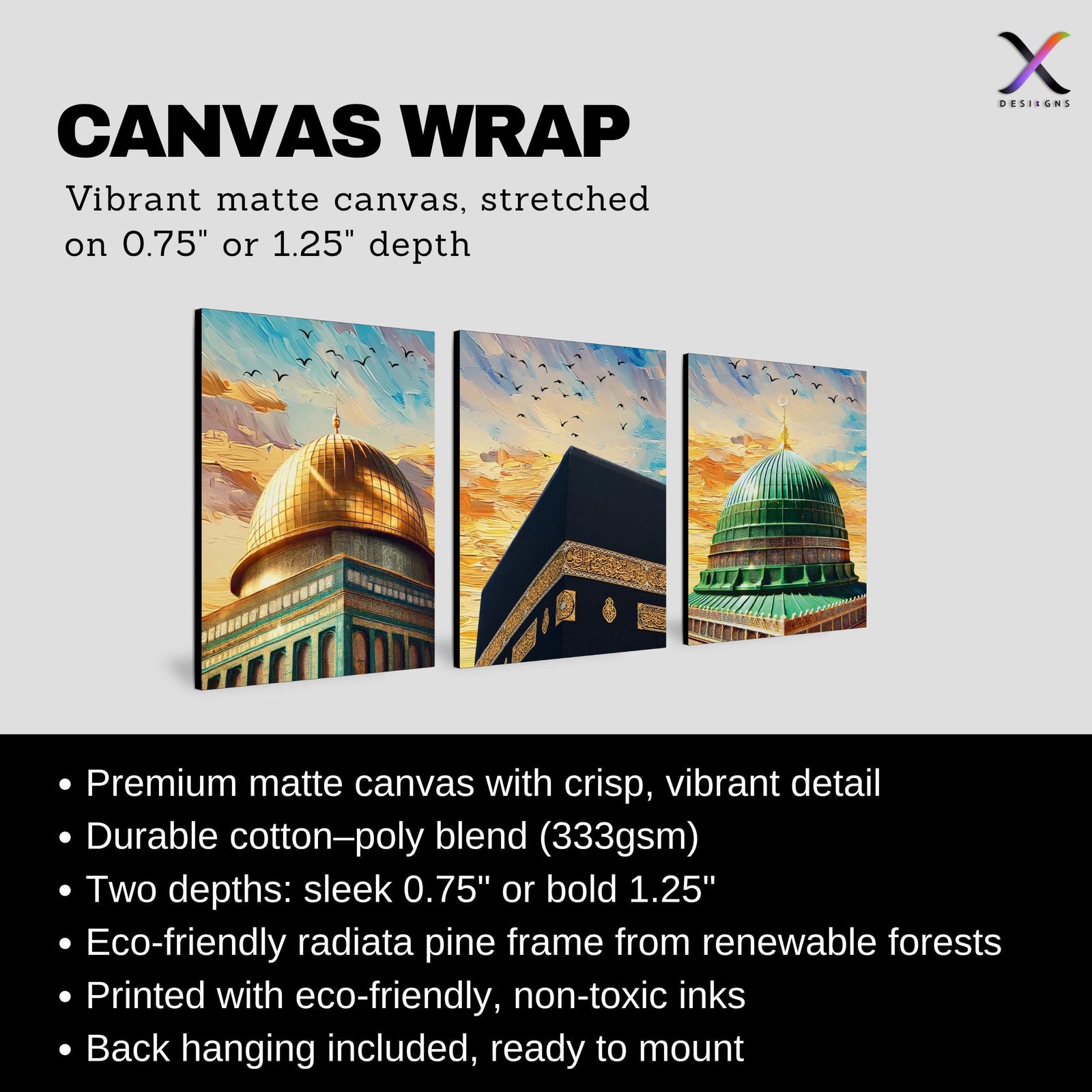 Set of 3 framed canvas triptych showing close-up domes of the Dome of the Rock, Kaaba and Al-Masjid An-Nabawi in bold impressionist brushstrokes with vibrant blue and golden skies and birds in flight.