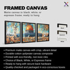 Set of 3 framed canvas triptych depicting Masjed Al Aqsa and the Dome of the Rock in Jerusalem in a bold mosaic patchwork style with warm terracotta and teal tones, displayed above a neutral sofa.