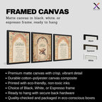 Set of 3 framed canvas triptych featuring Surah Al-Rahman, Al-Quran Al-Kareem and Surah Al-Fatiha in Arabic calligraphy inside floral pink and gold Islamic arches on a warm cream background, displayed above a neutral sofa.
