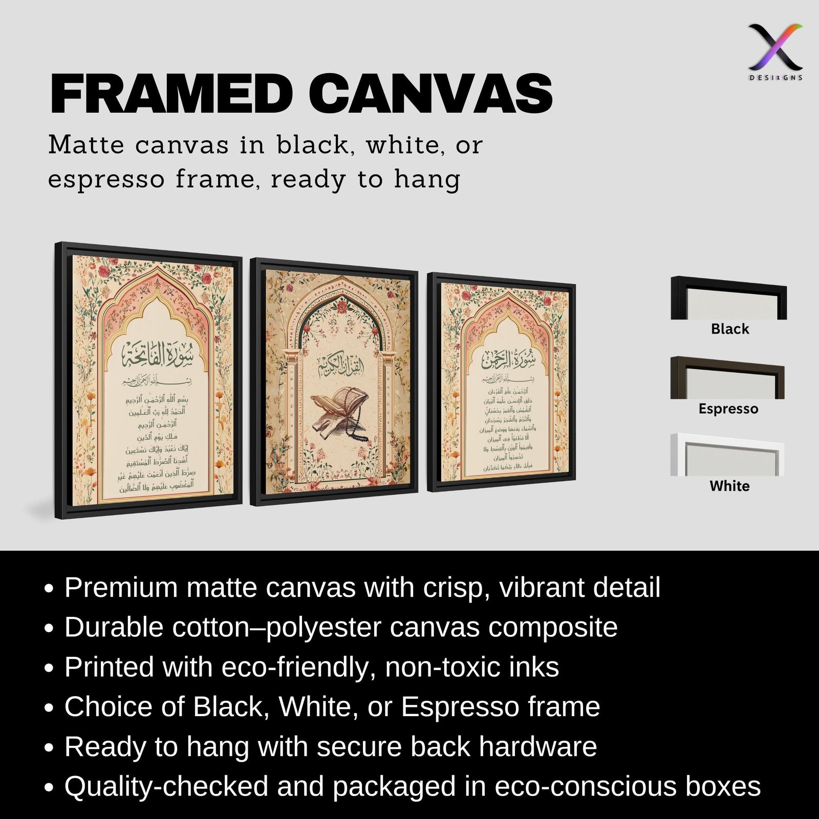 Set of 3 framed canvas triptych featuring Surah Al-Rahman, Al-Quran Al-Kareem and Surah Al-Fatiha in Arabic calligraphy inside floral pink and gold Islamic arches on a warm cream background, displayed above a neutral sofa.
