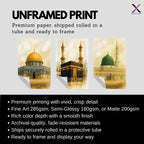Set of 3 framed canvas triptych depicting the Dome of the Rock, the Kaaba and Al-Masjid An-Nabawi in a soft antique sepia and gold manuscript style, displayed above a neutral sofa in a modern living room.