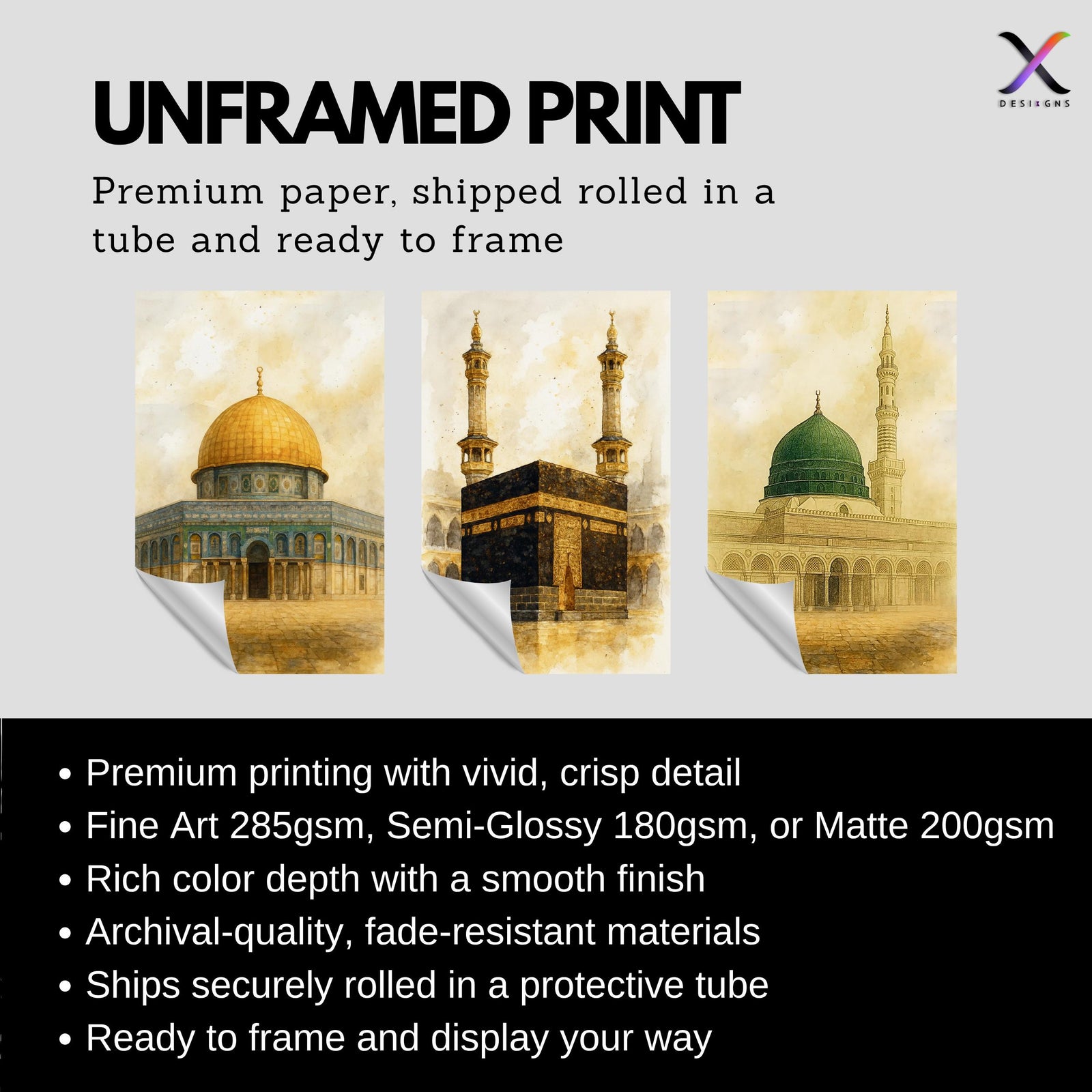 Set of 3 framed canvas triptych depicting the Dome of the Rock, the Kaaba and Al-Masjid An-Nabawi in a soft antique sepia and gold manuscript style, displayed above a neutral sofa in a modern living room.
