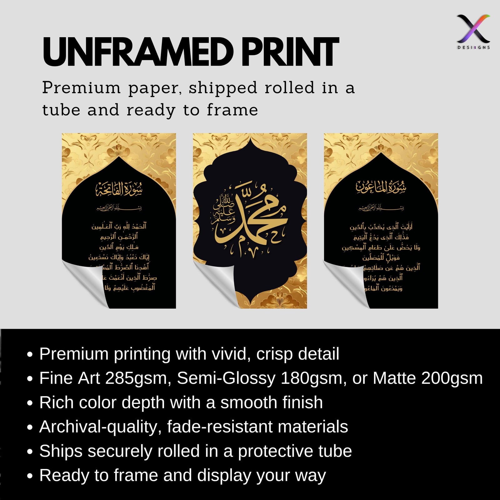Set of 3 framed canvas triptych featuring Surah Al-Maoun, Muhammad in Arabic calligraphy and Surah Al-Fatiha in gold on dramatic black arch panels with gold textured background, displayed above a neutral sofa.