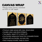 Set of 3 framed canvas triptych featuring Surah Al-Maoun, Muhammad in Arabic calligraphy and Surah Al-Fatiha in gold on dramatic black arch panels with gold textured background, displayed above a neutral sofa.