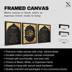 Set of 3 framed canvas triptych featuring Surah Al-Maoun, Muhammad in Arabic calligraphy and Surah Al-Fatiha in gold on dramatic black arch panels with gold textured background, displayed above a neutral sofa.