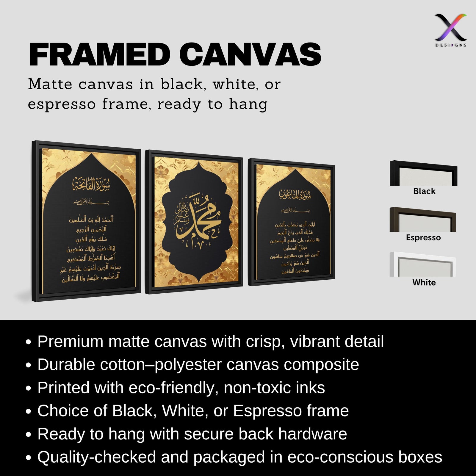 Set of 3 framed canvas triptych featuring Surah Al-Maoun, Muhammad in Arabic calligraphy and Surah Al-Fatiha in gold on dramatic black arch panels with gold textured background, displayed above a neutral sofa.