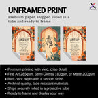 Set of 3 framed canvas triptych with Surah Al-Rahman, Bismillah and Surah Al-Fatiha in Arabic calligraphy inside terracotta arches with orange marigold flowers and teal accents, displayed above a neutral sofa.