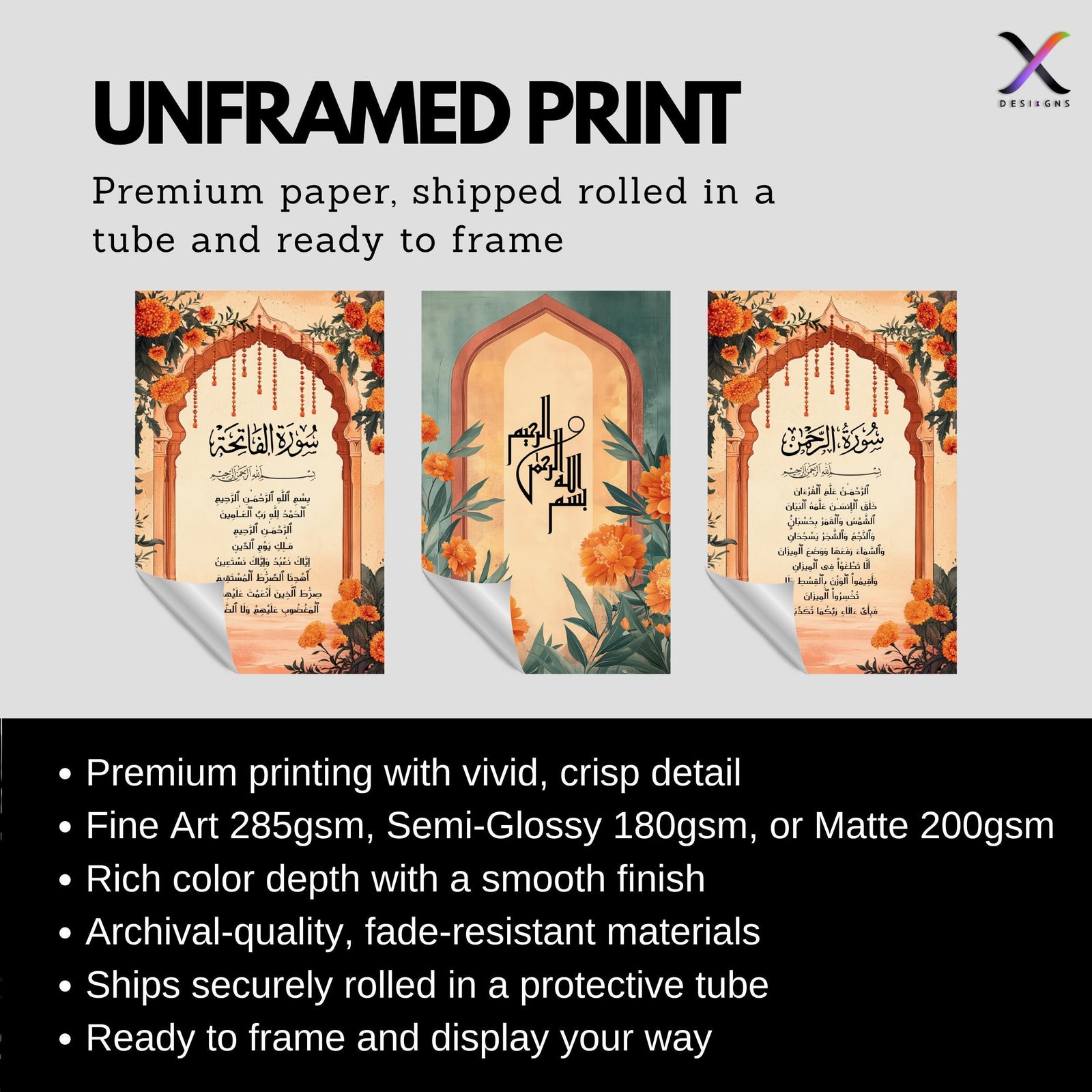 Set of 3 framed canvas triptych with Surah Al-Rahman, Bismillah and Surah Al-Fatiha in Arabic calligraphy inside terracotta arches with orange marigold flowers and teal accents, displayed above a neutral sofa.