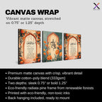 Set of 3 framed canvas triptych with Surah Al-Rahman, Bismillah and Surah Al-Fatiha in Arabic calligraphy inside terracotta arches with orange marigold flowers and teal accents, displayed above a neutral sofa.